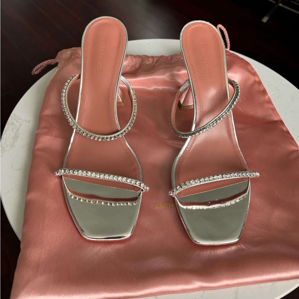 AMINA MUADDI
Silver Gilda Slipper Heeled Sandals- Size 43